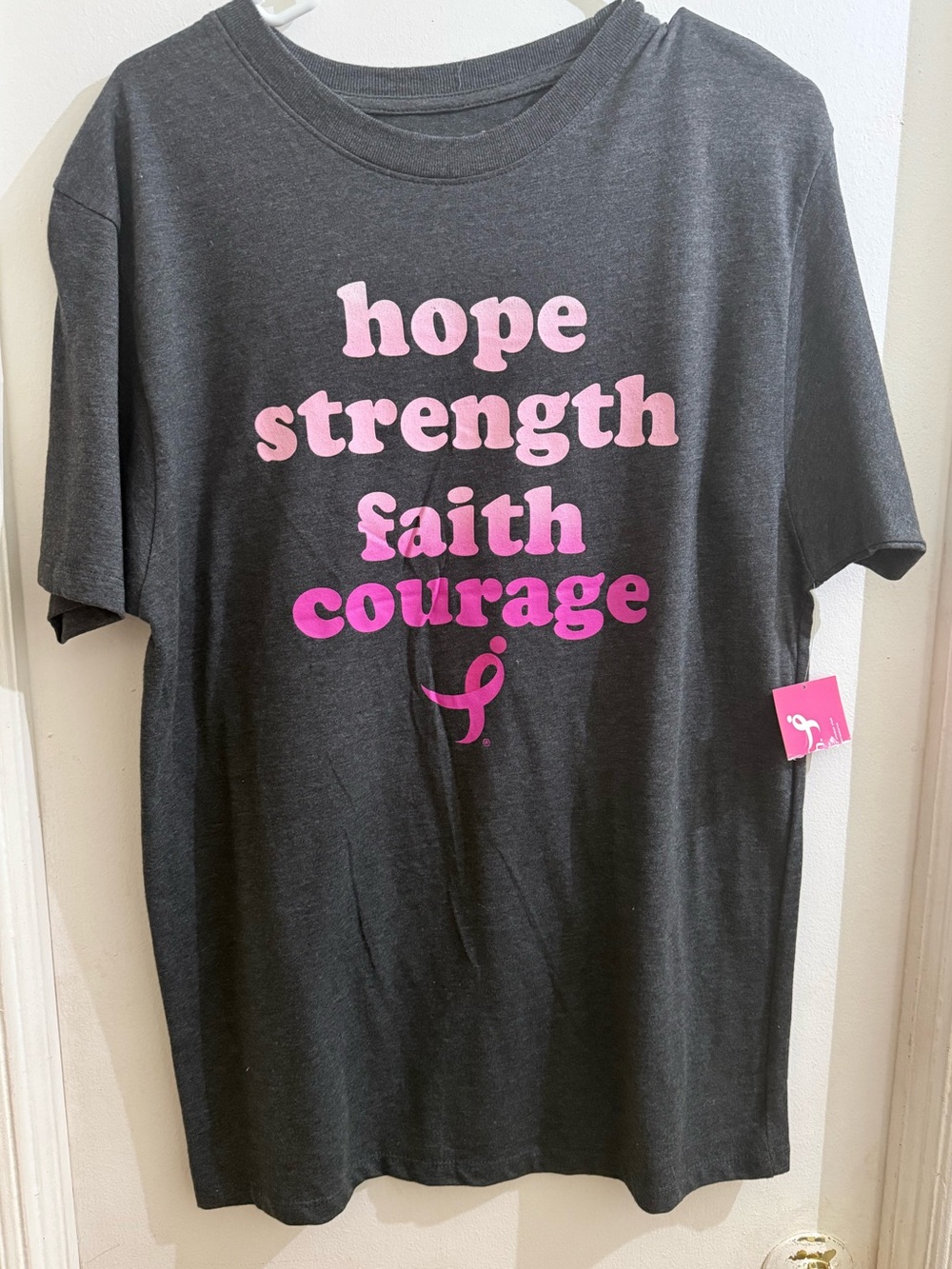 Hope Strength Faith Courage Graphic Tee - Pink on Charcoal